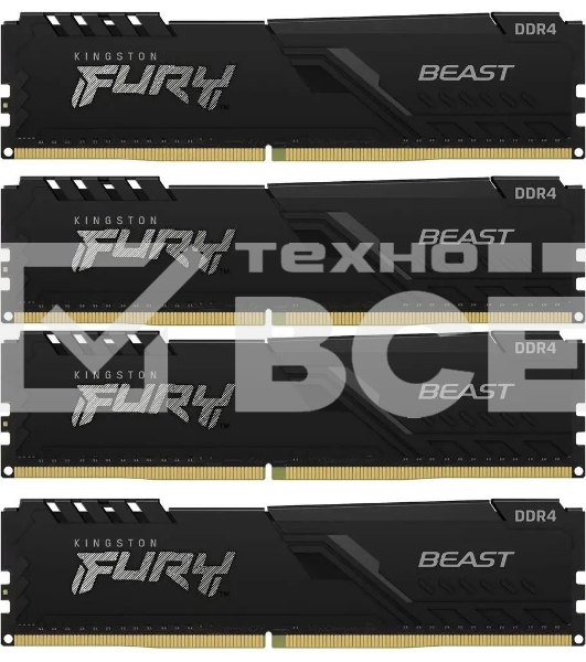 Оперативная память Kingston Fury Beast, DDR4, 64GB (4x16GB), 3200MHz, CL16, с радиатором, чёрный
