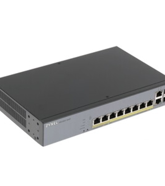 Коммутатор Zyxel GS1350-12HP, 10xGE (8xPoE+), 2xSFP, бюджет PoE 130 Вт, дальность передачи питания до 250 м, автоперезагрузка PoE-портов, повышенная защита от перенапряжений и электростатических разрядов