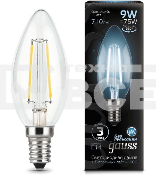 Лампа светодиодная Filament Свеча E14 9Вт 4100К GAUSS 103801209