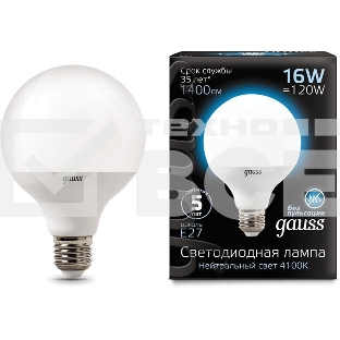 Лампа Gauss LED G95 E27 16W 1400lm 4100K 1 32 SQ105102216