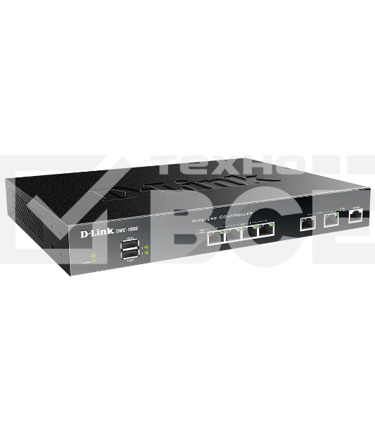 Коммутатор D-Link DWC-1000/C1A, Wireless Controller 2 10/100/1000 BASE-T Gigabit Ethernet Option Ports, 4 10/100/1000 BASE-TGigabit Ethernet LAN Ports 2 USB 2.0 Ports, 1 RJ-45 External Console port Compatible