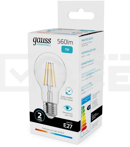 Лампа филам. Gauss Filament 7Вт цок.:E27 груша св.свеч.бел.нейт. (упак.:10шт) (22227)