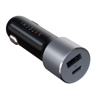 Автомобильное зарядное устройство Satechi 72W Type-C PD Car Charger. Входное напряжение 12В. Порты 1 x USB-A 12W, 1 x USB-C 60W.  серый космос.
