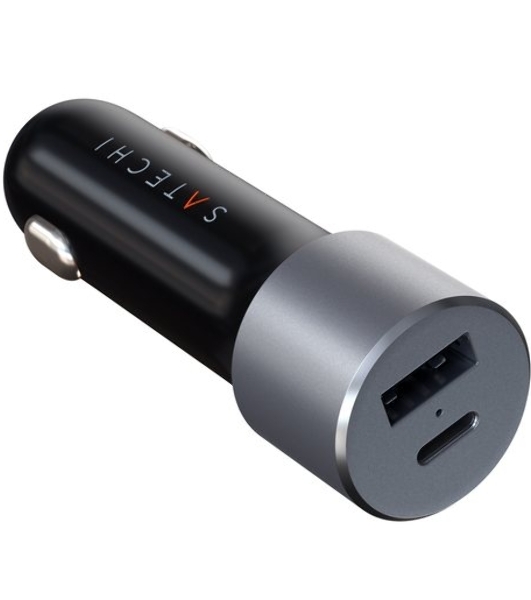 Автомобильное зарядное устройство Satechi 72W Type-C PD Car Charger. Входное напряжение 12В. Порты 1 x USB-A 12W, 1 x USB-C 60W.  серый космос.