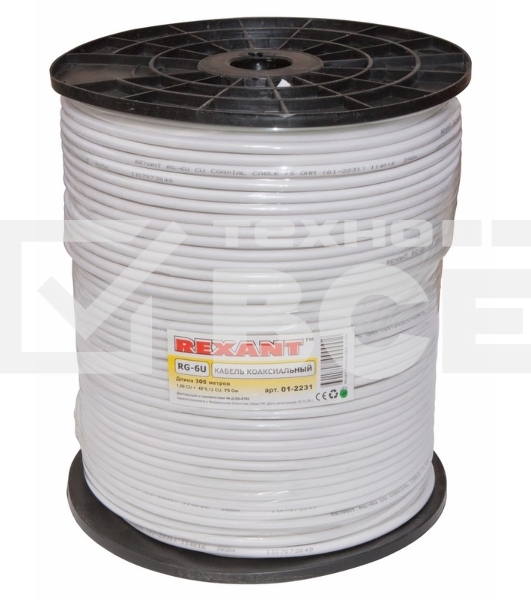 Кабель коаксиальный Rexant RG-6U+Cu, 75 Ом, Cu/Al/Cu, 64%, бухта 305 м, белый
