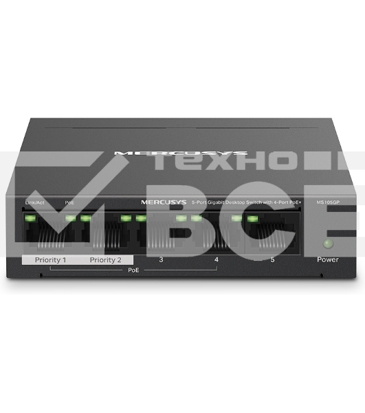 Настольный коммутатор Mercusys MS105GP с 5 гигабитными портами (4 порта PoE+)