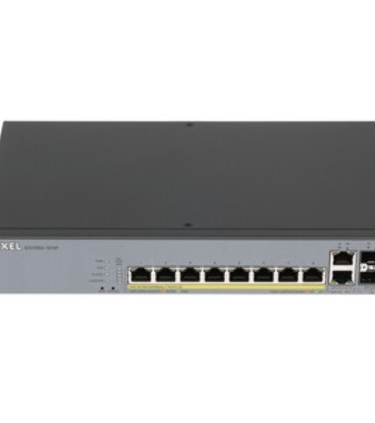 Коммутатор Zyxel GS1350-12HP, 10xGE (8xPoE+), 2xSFP, бюджет PoE 130 Вт, дальность передачи питания до 250 м, автоперезагрузка PoE-портов, повышенная защита от перенапряжений и электростатических разрядов