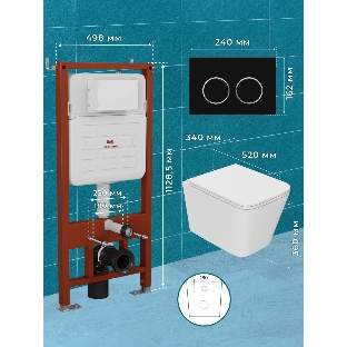 Комплект BAU 6 в 1: усиленная инсталляция BAU IDEAL, унитаз подвесной безободковый торнадо обратного потока Bau Stil 52х36 Hurricane-2, сиденье дюропласт микролифт, клавиша BAU Round, черная матовая