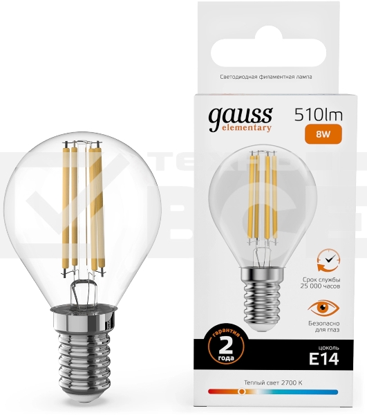 Лампа филам. Gauss Filament 8Вт цок.:E14 шар св.свеч.бел.теп. (упак.:10шт) (52118)