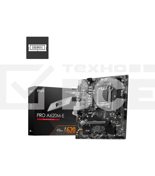 Материнская плата MSI PRO A620M-E, AM5, AMD A620, 2xDDR5, 4xSATA, 1xM.2, 1xPCI-E 4.0 x16, 1xPCI-E 4.0 x1, 1xHDMI, 1xVGA, 1x1Gb LAN, 2xUSB 2.0, 4xUSB 3.2 Gen 1, 3x3.5 мм, 7.1, Micro-ATX