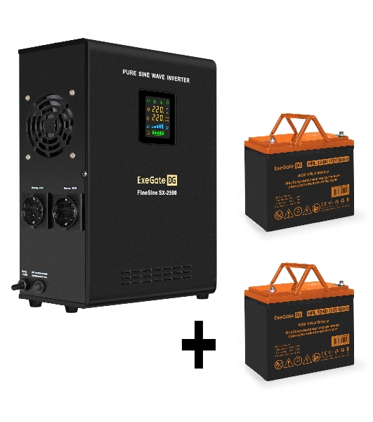 Комплект Источник бесперебойного питания EX296002RUS + батарея 80Aч EX285654RUS 2шт (инвертор, синус, для котла, настенный) ExeGate FineSine SX-2500.LCD.AVR.2SH <2500VA/1800W, чистая синусоида, цветной LCD-дисплей, AVR, 2*Schuko, линейно-интерактивный, крепление настенное/универсальное, Black> + батарея ExeGate HRL 12-80 (12В, 80Ач) 2шт