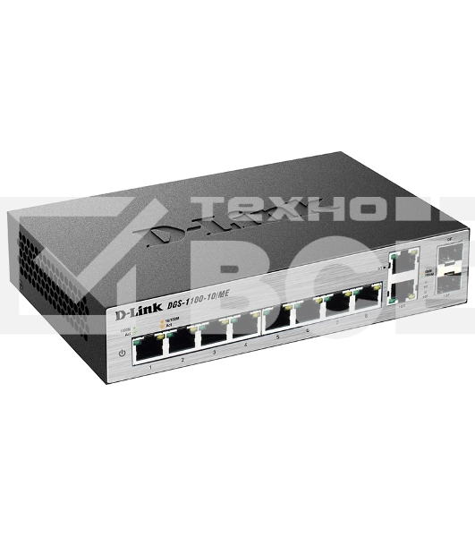 Коммутатор D-Link DGS-1100-10/ME/A2A Управляемый коммутатор 2-го уровня с 8 портами 10/100/1000Base-T и 2 комбо-портами 100/1000Base-T/SFP