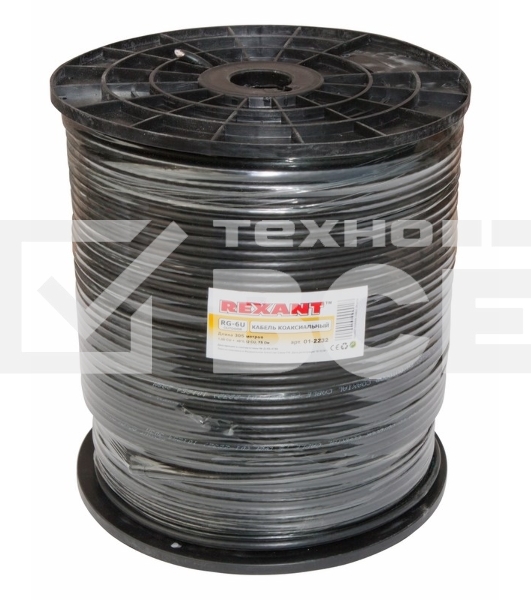 Кабель коаксиальный Rexant RG-6U+Cu, 75 Ом, Cu/Al/Cu, 64%, бухта 305 м, черный OUTDOOR