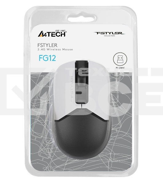 Мышь беспроводная A4Tech Fstyler FG12 белый/черный, 1200 dpi, радиоканал, USB, кнопки - 3