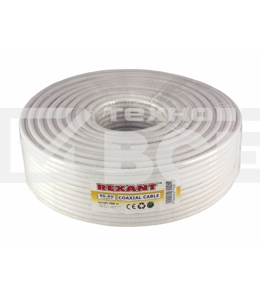 Кабель коаксиальный Rexant RG-6U+Cu, 75 Ом, Cu/Al/Cu, 64%, бухта 100 м, белый