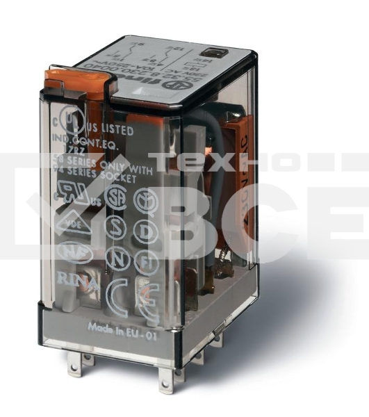 Реле миниатюрное универсальное электромеханич. монтаж в розетку 2CO 10А AgNi 230В AC RTI опции: кнопка тест + мех. индикатор FINDER 553282300040