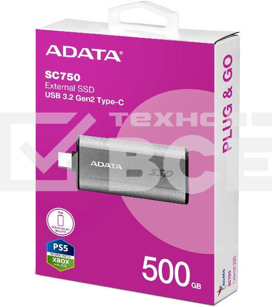 Твердотельный диск A-DATA External SC750 серый SC750-500G-CCBK 500GB USB 3.2 Gen 2 Type-C, [R/W -1050/1000 MB/s]