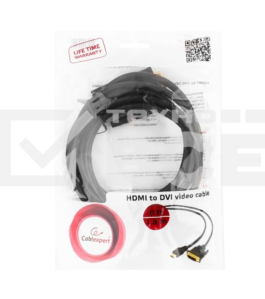 Кабель HDMI-DVI Cablexpert CC-HDMI-DVI-6, 19M/19M, single link, медь, позол.разъемы, экран, 1.8м, черный, пакет