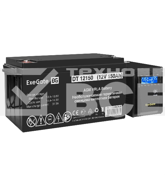 Комплект ИБП EX295986RUS + батарея 150Aч EX282990RUS 1шт (инвертор, синус, для котла) ExeGate SineTower SZ-600.LCD.AVR.1SH <600VA/360W, чистый синусоида, LCD дисплей, AVR, 1*Schuko, линейно-интерактивный, Black> + батарея ExeGate DT 12150 (12В, 150Ач) 1шт