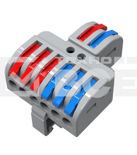 Клемма СМК Rexant 2х3D проходная разветвительная 2 полюса на DIN-рейку (0,08-4 мм²) (1 ввод, 3 вывода на полюс) серый (25 шт/уп)