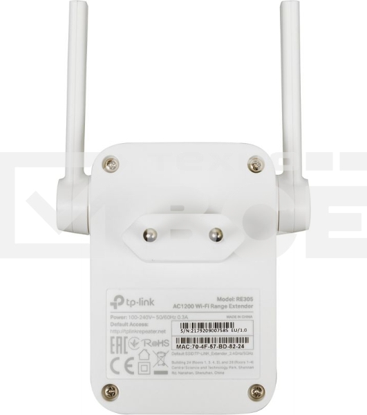 Двухдиапазонный усилитель беспроводного сигнала TP-Link (ретранслятор), 867 Мбит/с на 5 ГГц + 300 Мбит/с на 2,4 ГГц (SOHO RE305) поставляется без кабеля RJ-45