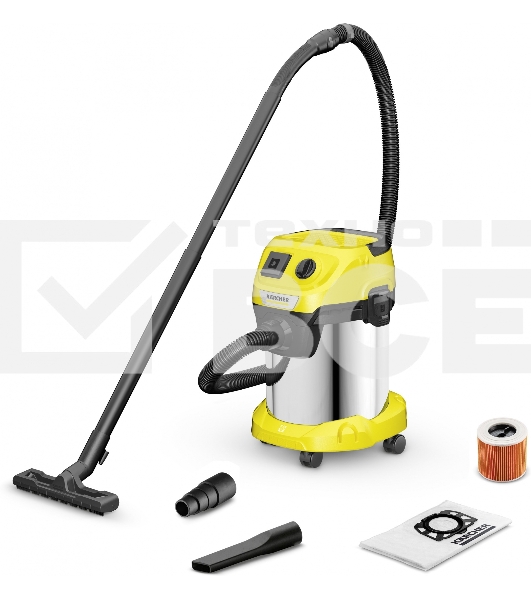 Строительный пылесос Karcher WD 3 P S V-17/4/20 желтый, 1000 Вт, уборка сухая/сбор воды, пылесборник мешок/контейнер, 17 л