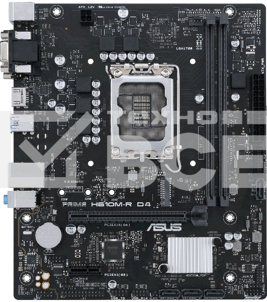 Материнская плата ASUS PRIME H610M-R D4-SI, LGA 1700, Intel H610, 2xDDR4, 4xSATA, 1xM.2 PCIe 3.0 x4, 1xPCIe 4.0 x16, 1xPCIe x1, 1xHDMI, 1xDVI, 1xVGA, 2xUSB-A 2.0, 2xUSB-A 3.2 Gen 1, 1x 1Gb LAN, 3x3.5 мм, 7.1, mATX