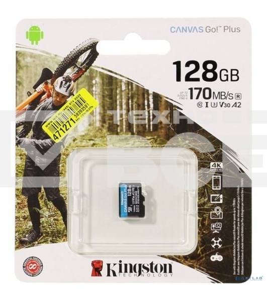 ФлешКарта Kingston 128GB microSDXC Canvas Go Plus 170R A2 U3 V30 Single Pack w/o ADP EAN: 740617301243