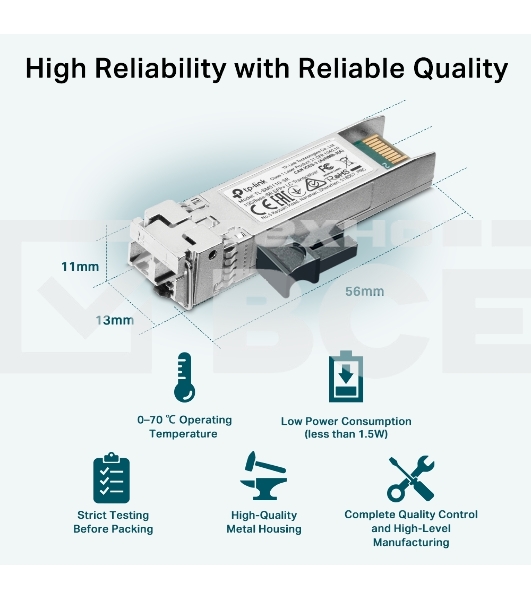 Трансивер TP-Link 10G SFP+ Module,  LC connector, 50/125um or 62.5/125um Multi-mode, 850nm wavelength, distance up to 300m.