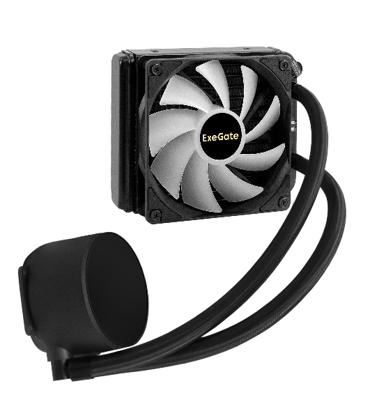 Комплект жидкостного охлаждения ExeGate BlackWater-120V3.PWM.RGb (RGb подсветка, LGA2066/2011/1366/1150/1151/1155/1156/1200/1700/1851/AM4/AM5/FM1/FM2/FM2+/AM2/AM2+/AM3/AM3+, TDP 150W, Fan 120мм 4pin PWM 600-1800RPM Hydro bearing, помпа 3pin 2700RPM, макс. шум 37db, с термопастой, на винтах, черный, Color Box)