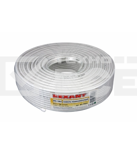 Кабель коаксиальный Rexant RG-59U+Cu, 75 Ом, Cu/Al/Cu, 64%, бухта 100 м, белый