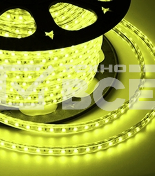Лента LED 220 В, 10х7 мм, IP67, SMD 2835, 60 LED/m, цвет свечения желтый, бухта 100 м