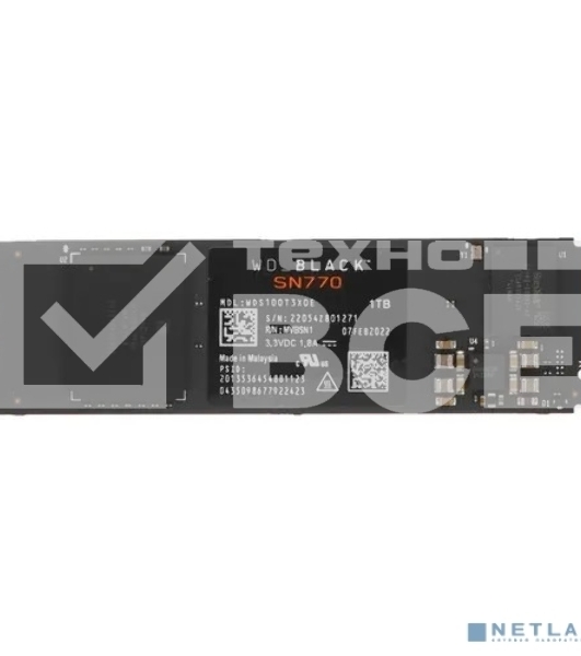 Накопитель WD SSD Black SN770 NVMe, 1.0TB, M.2(22x80mm), NVMe, PCIe 4.0 x4, 3D TLC, R/W 5150/4900MB/s, IOPs 740 000/800 000, TBW 600, DWPD 0.3 (12 мес.)