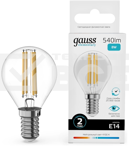 Лампа филам. Gauss Filament 8Вт цок.:E14 шар св.свеч.бел.нейт. (упак.:10шт) (52128)