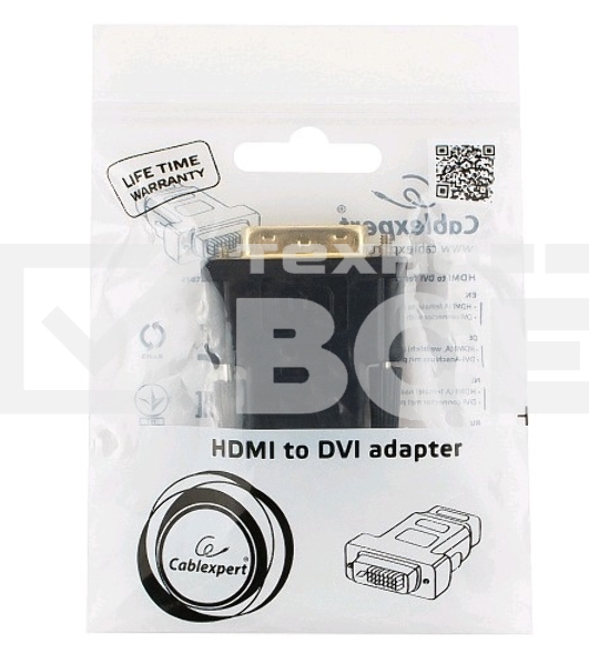 Переходник Cablexpert HDMI-DVI 19F/19M золотые разъемы, пакет, черный (A-HDMI-DVI-2)