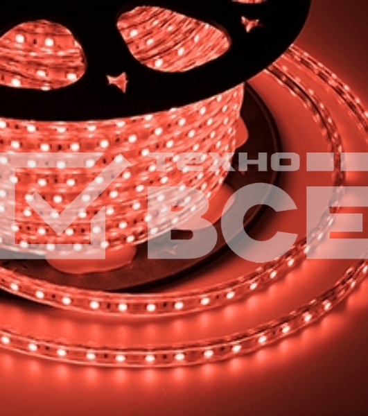 Лента LED 220 В, 10х7 мм, IP67, SMD 2835, 60 LED/m, цвет свечения красный, бухта 100 м