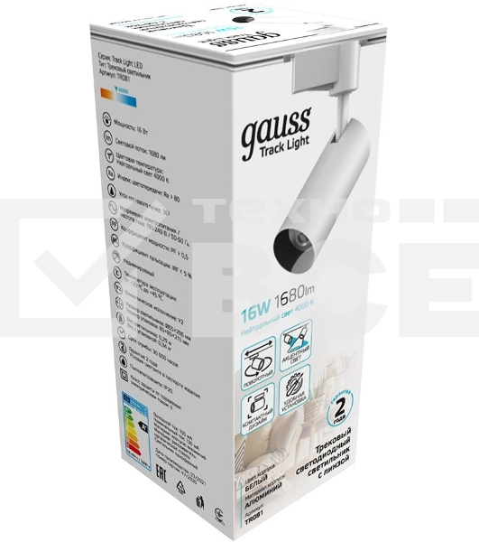 Светильник GAUSS трековый цилиндр 16W 1680lm 4000K 180-220V IP20 65*206мм белый LED 1/40 TR081