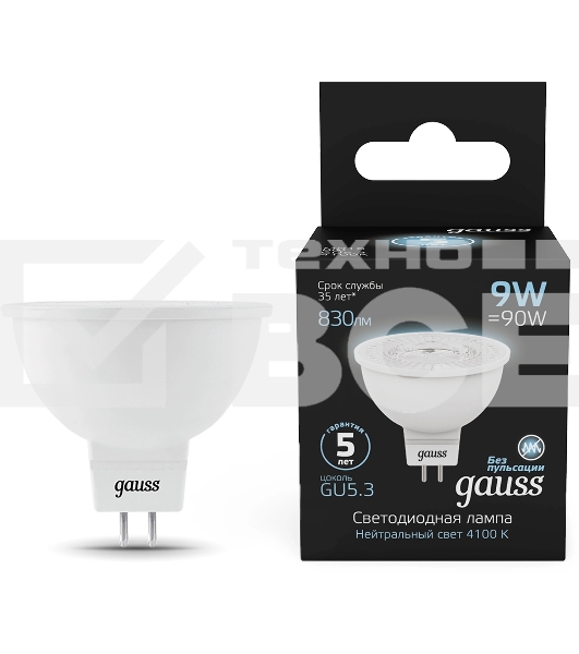 Лампа светодиодная Gauss 101505209 9Вт цок.:GU5.3 рефлек. 150B св.свеч.бел.нейт. MR16 (упак.:10шт)