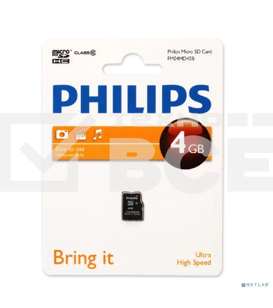 Флеш карта microSD 4Gb PHILIPS microSDHC Class 10