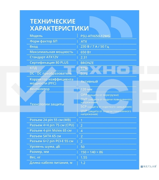 Блок питания CBR ATX 650W 80+ Bronze, DC-DC, APFC, 0.6mm, 24pin, 1*8-pin(4+4P), 1*6+2pin, 2*SATA, 4*IDE, 12cm fan, 1.2м кабель питания, черный [PSU-ATX650-12GM] BOX
