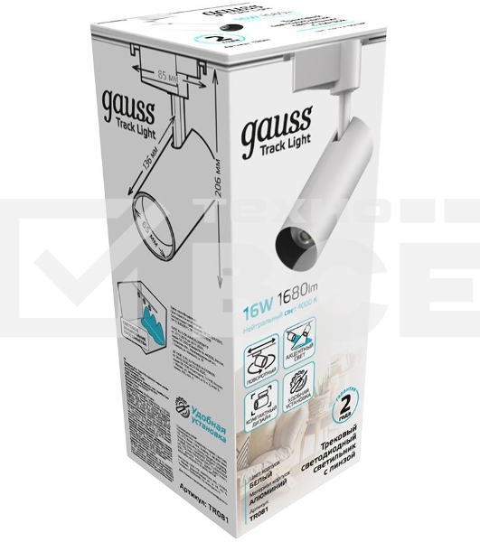 Светильник GAUSS трековый цилиндр 16W 1680lm 4000K 180-220V IP20 65*206мм белый LED 1/40 TR081