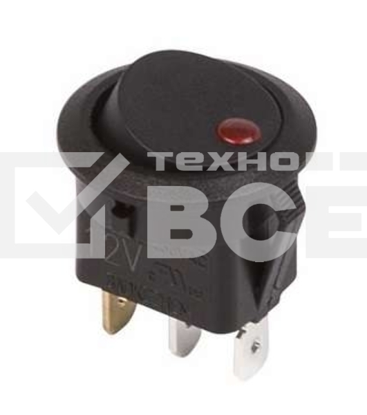 Выключатель клавишный круглый 12V 16А (3с) ON-OFF черный  с красной подсветкой  Rexant