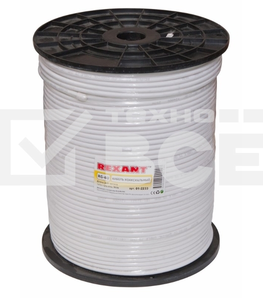 Кабель коаксиальный Rexant RG-6U+Cu, 75 Ом, Cu/Al/Cu, 75%, бухта 305 м, белый