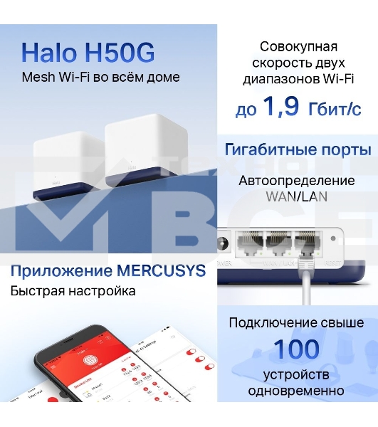Система Mercusys MESH AC1900 Whole Home Mesh Wi-Fi System, 3× Internal Antennas, 3×GB ports (WAN/LAN) (2-pack)