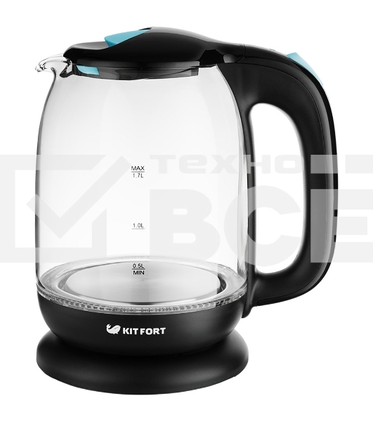 Чайник электрический Kitfort КТ-625-1 1.7л. 2200Вт черный/голубой (корпус: стекло)