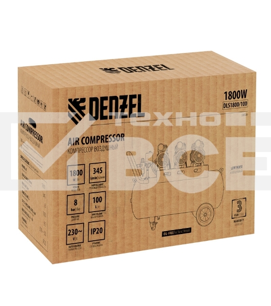 Компрессор безмаслянный малошумный DLS 1800/100,1800 Вт, 3х600, 100 л, 345 л/мин  Denzel