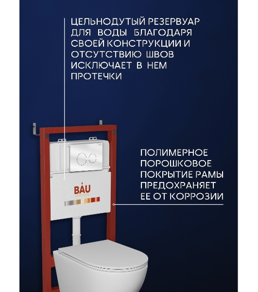 Комплект BAU 6 в 1: инсталляция BAU PRO для подвесного унитаза, унитаз подвесной безободковый торнадо обратного потока Bau Dream 52х36 Hurricane-5, сиденье быстросъемное микролифт, кнопка смыва из стекла BAU Dream дизайнерская, белая