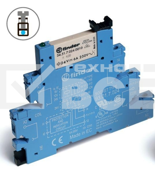 Реле электромеханическое интерфейсный модуль 1CO 6А AgNi 24В DC (чувствит.) IP20 винт. клеммы FINDER 385170240050
