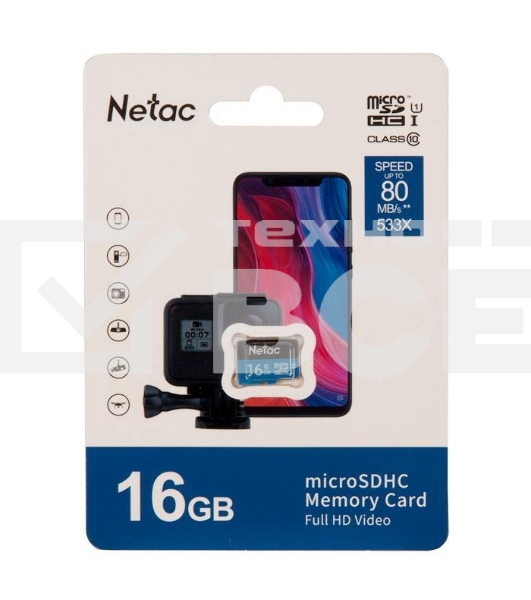 Флеш карта microSDHC 16GB Netac P500 <NT02P500STN-016G-S> (без SD адаптера) 80MB/s