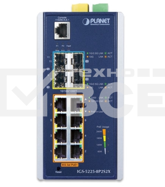 Коммутатор PLANET IP30 Industrial L2+/L4 8-Port 1000T 802.3at PoE+ 2-port 100/1000X SFP + 2-port 10G SFP+ Full Managed Switch